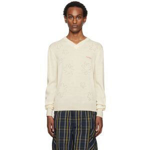 MARNI Sweater Mens Size 50 Off White Pullover VNeck Fine Wool Flowers $895